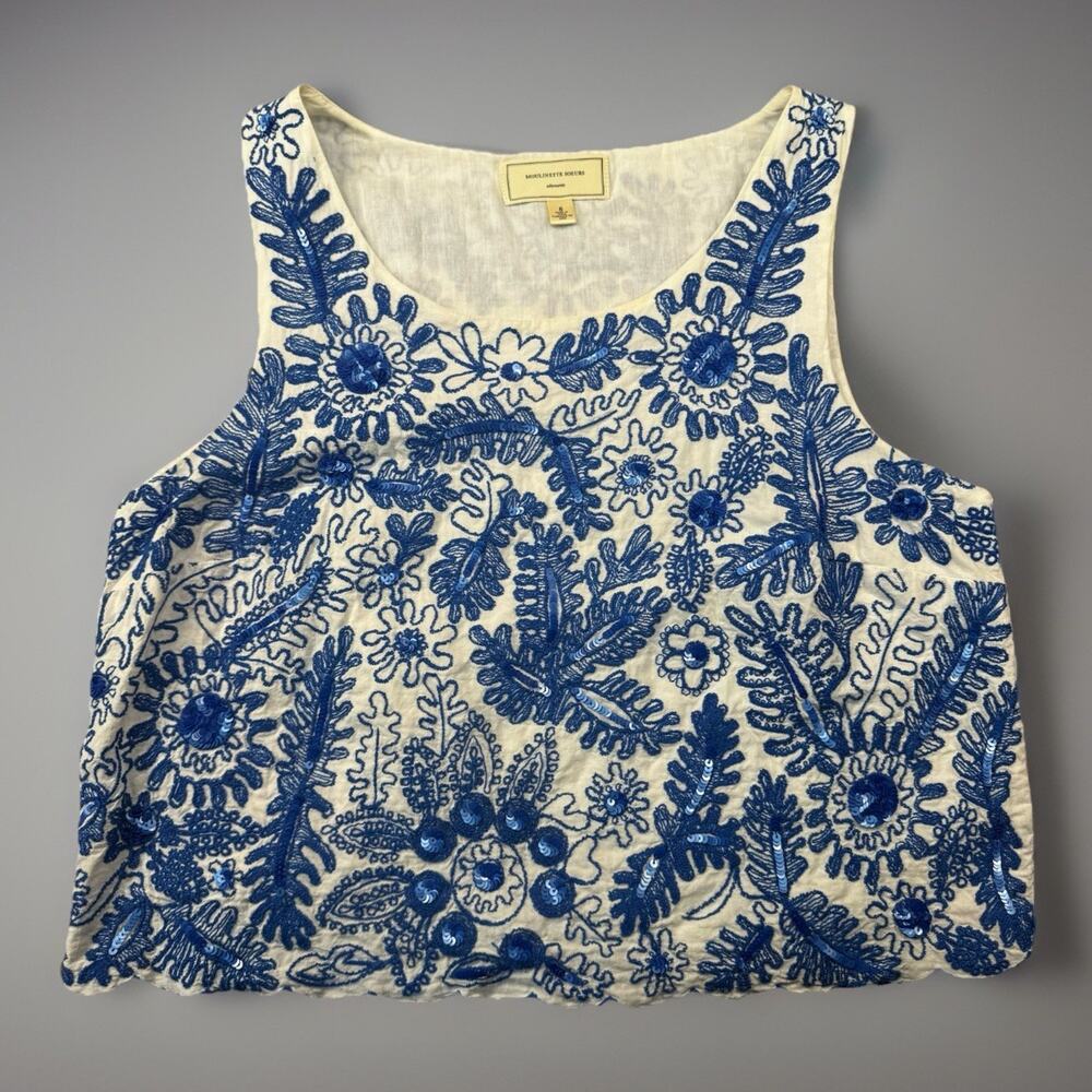 Moulinette Soeurs Anthropologie Embroidered Crop Top Blue Floral 6 –479